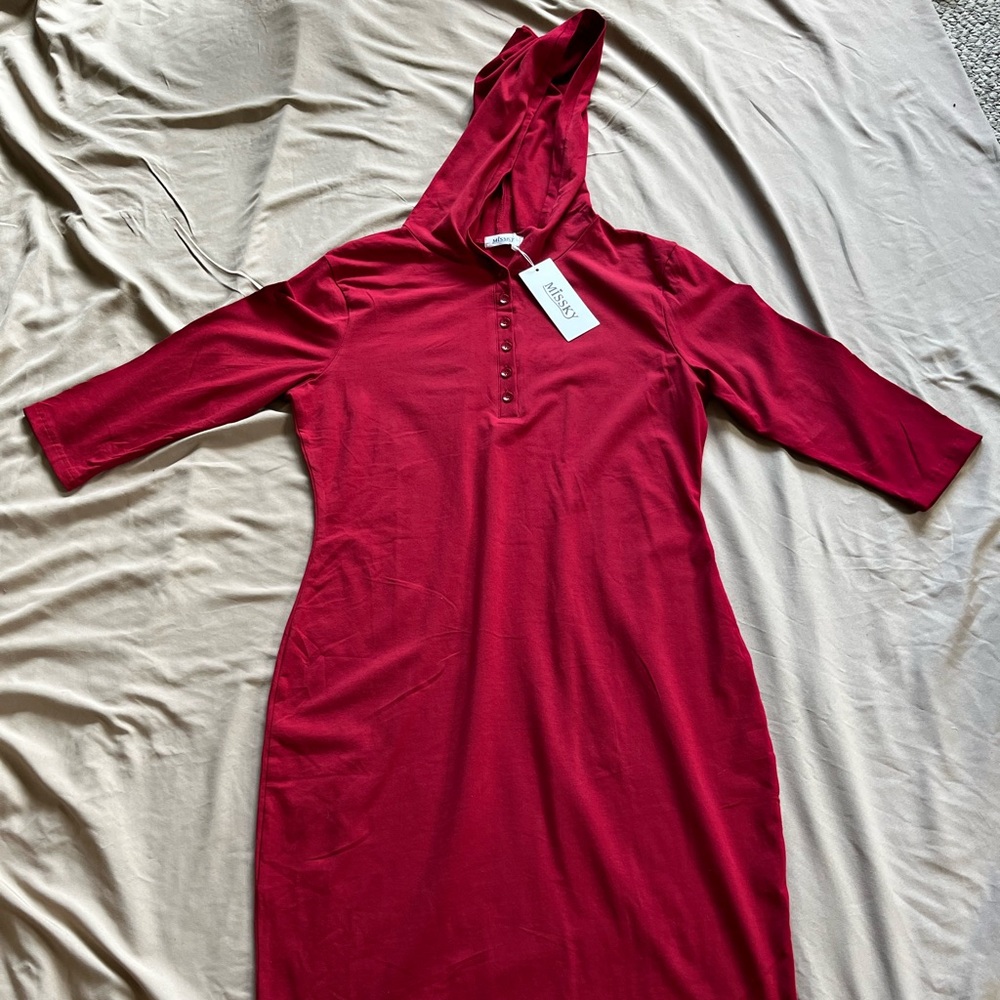 Red Hooded Dress with Buttons
